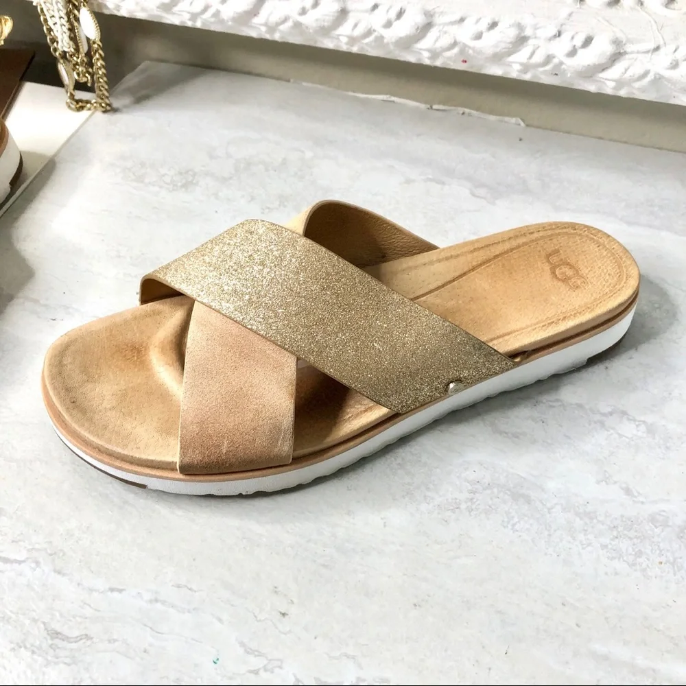 UGG Rose Gold Glitter Crisscross Slide Sandals